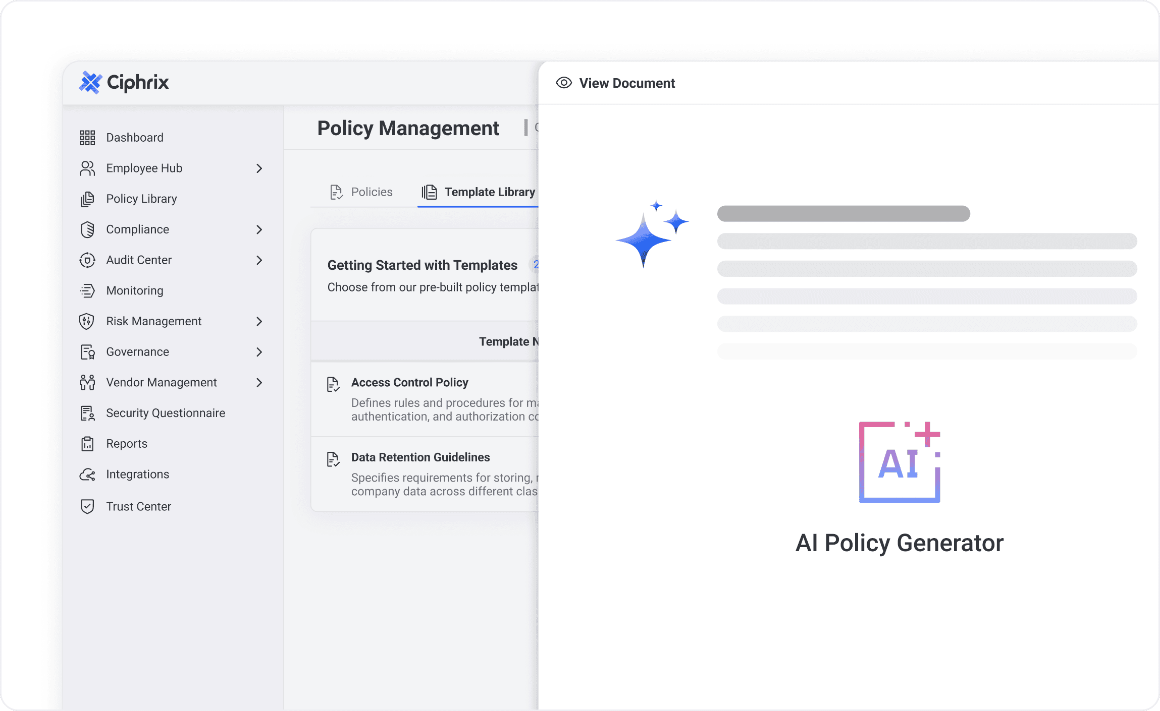 Ciphrix AI agents automating policy, risk, questionnaire, and evidence workflows in the compliance workspace.